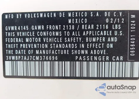 2012 Volkswagen Jetta 2.5L Se из США, поврежденный, VIN 3VWBP7AJ7CM376696